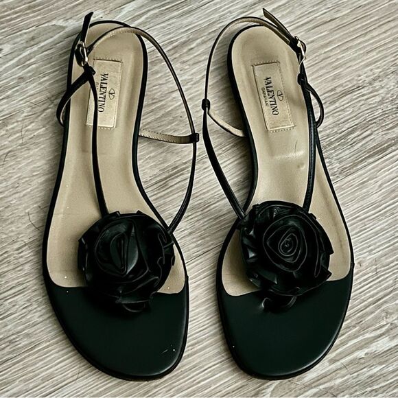 Valentino Floral Rosette Bow Black Leather Ankle Strap Slingback Sandal 38 8 - Picture 5 of 10